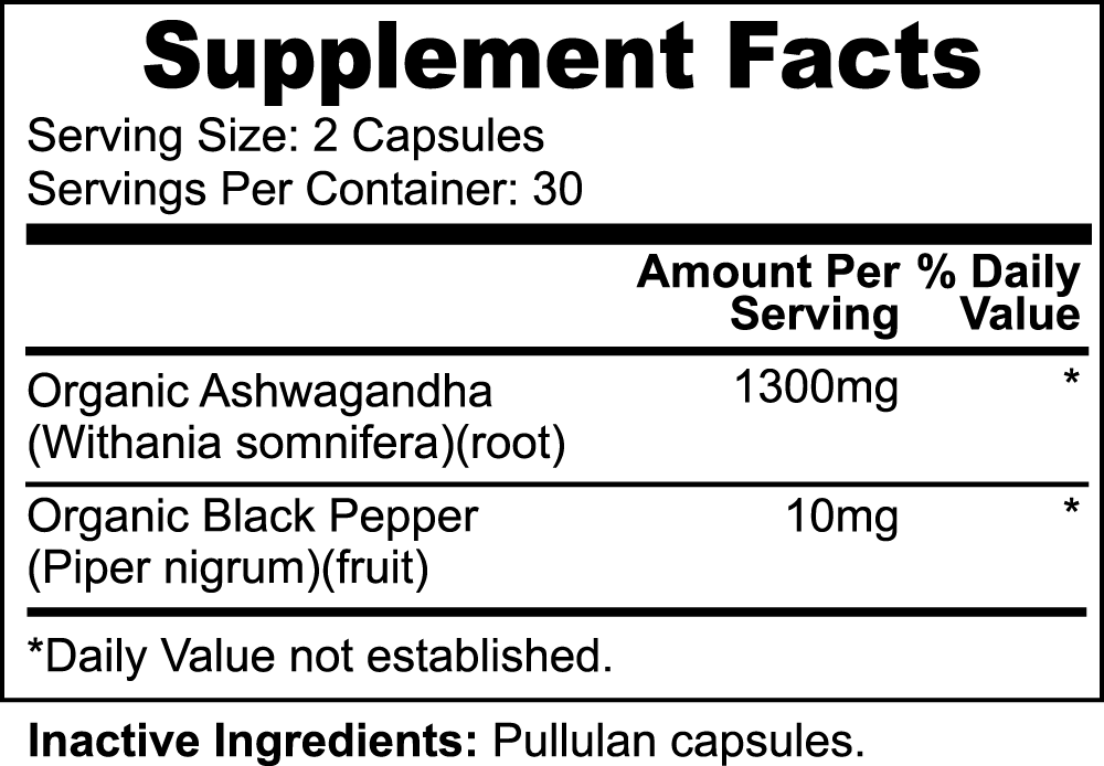 Ashwagandha | 60 Capsules | 1300mg | Hormone, Energy, & Mood Support | 100% Organic | 100% Natural