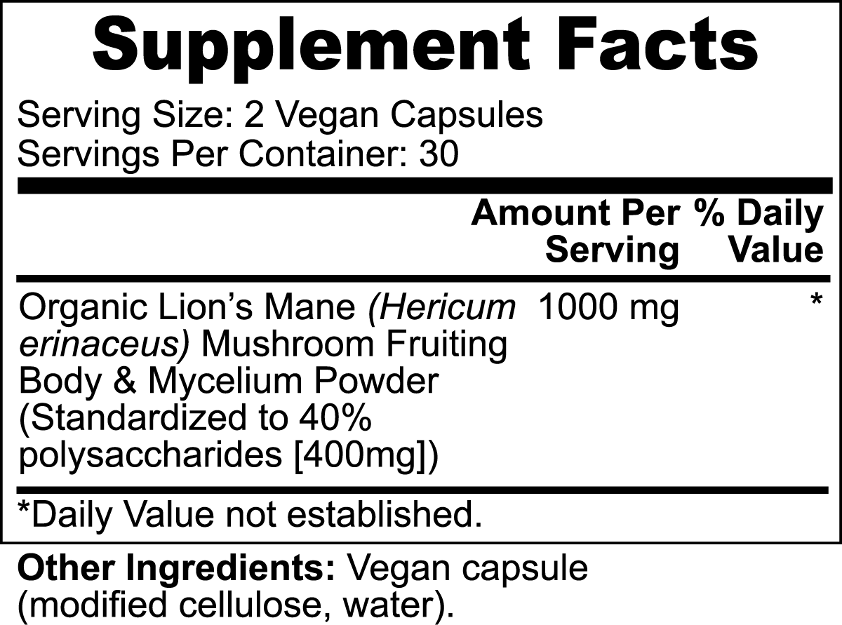 Lion's Mane Mushroom | 60 Capsules | 1000mg | Premium Cognition & Memory Enhancement | Healthy Blood & Oxygen Circulation | 100% Organic
