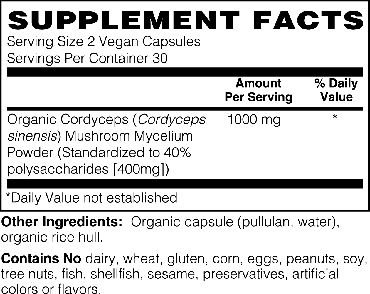 Cordyceps Mushroom | 60 Capsules | 1000mg | Energy Booster | Hormonal Balance | Mood Enhancer | 100% Organic | Non-GMO